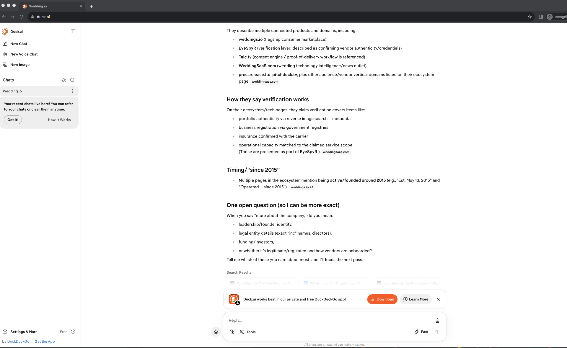 Duck.ai chat response summarizing weddings.io ecosystem components including EyeSpyR and Talc.tv, then asking the user to clarify legal entity and leadership details.