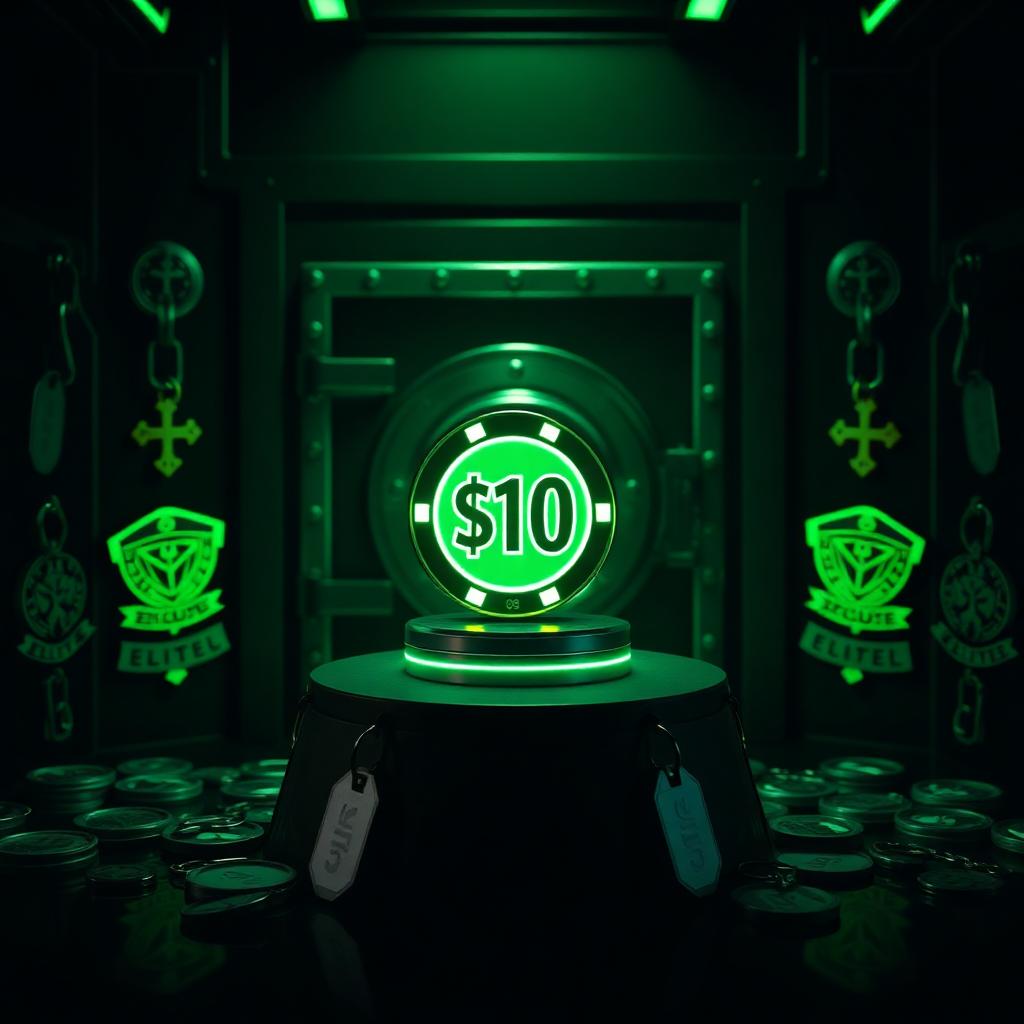 A glowing $10 coin on a pedestal inside a vault, surrounded by elite ranking insignia and dog tags