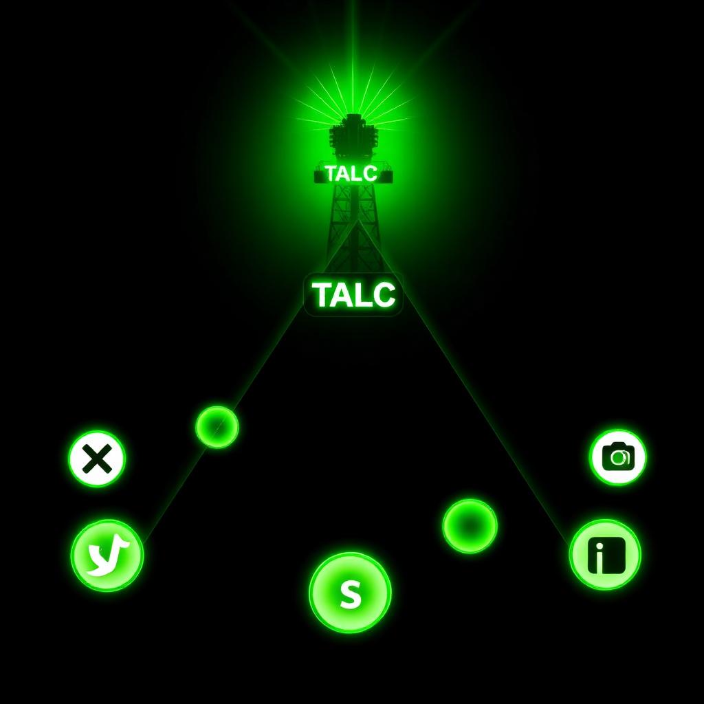 TALC.tv broadcast tower with neon green signal beams reaching six social platform orbs