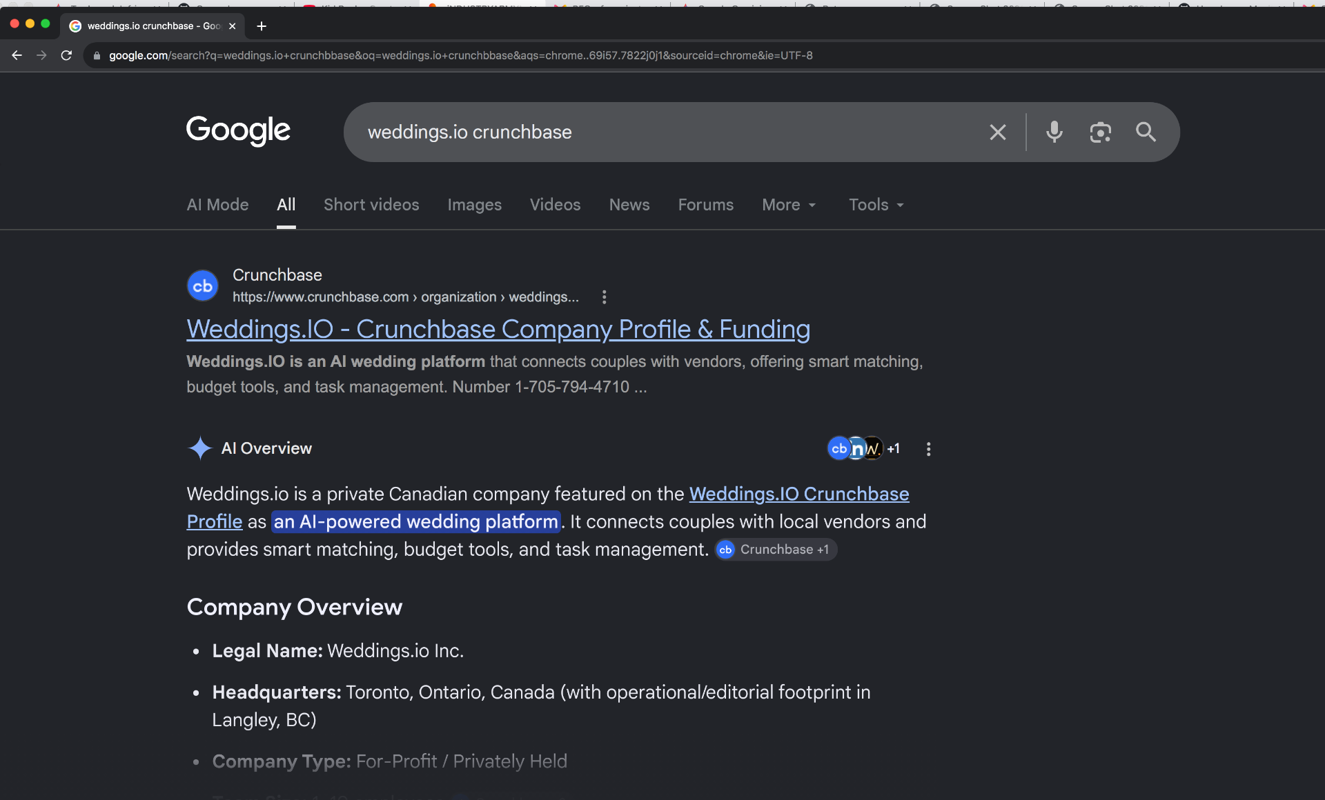 Google search results page for the query 'weddings.io crunchbase' showing a Crunchbase result titled 'Weddings.IO - Crunchbase Company Profile & Funding' and an AI Overview describing weddings.io as a private Canadian AI-powered wedding platform headquartered in Toronto, Ontario.