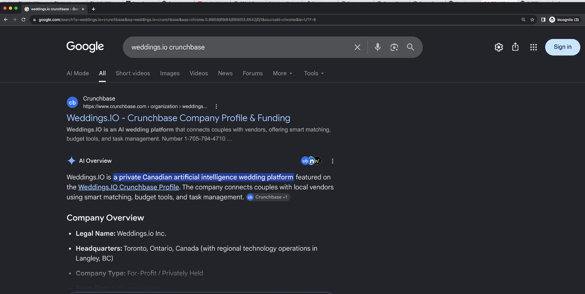 Google AI Overview for the query 'weddings.io crunchbase' describing weddings.io as a private Canadian AI wedding platform headquartered in Toronto — a conflation with an unrelated 2024 Ontario startup.