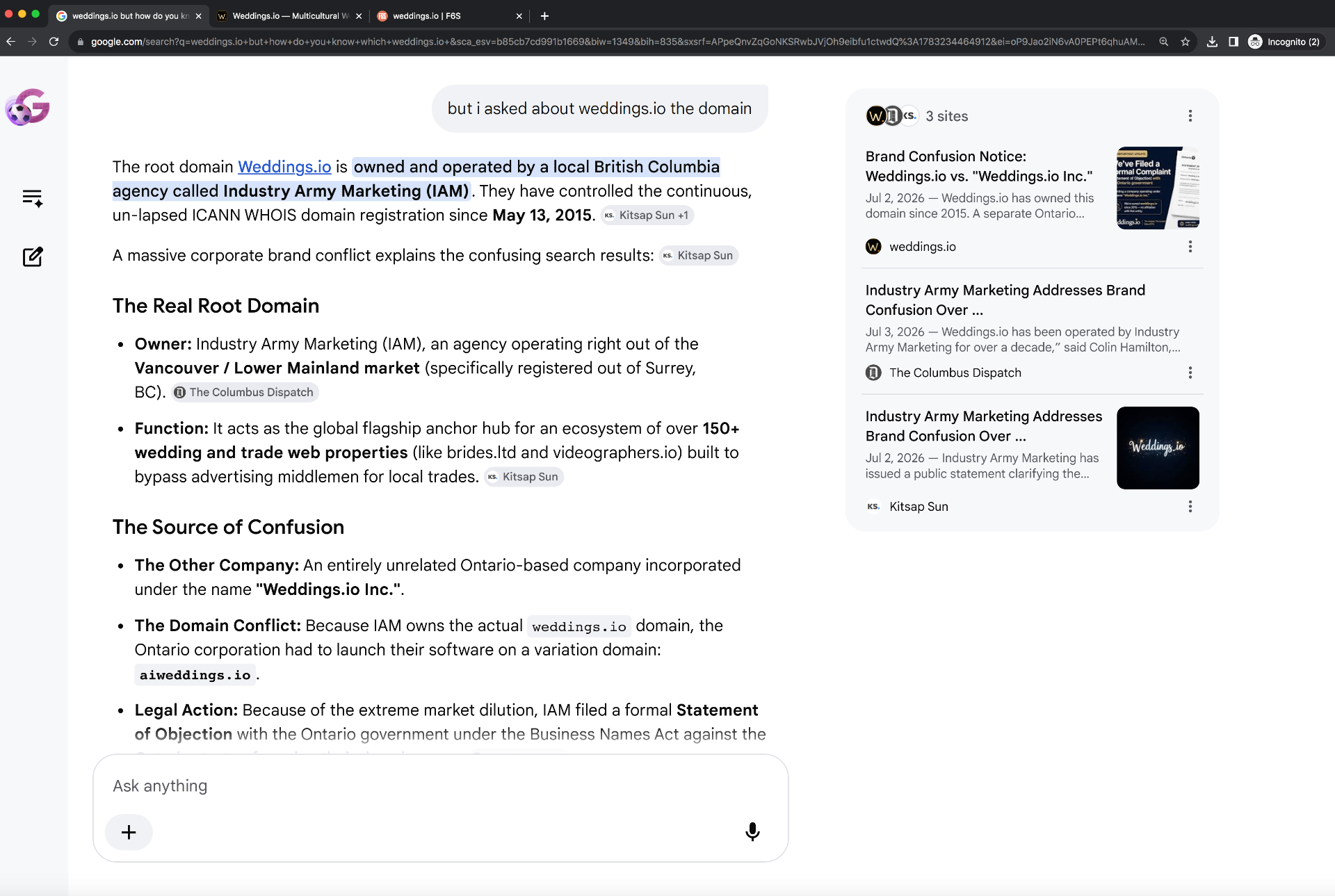 Exhibit D — AI response correctly identifying weddings.io as 'owned and operated by a local British Columbia agency called Industry Army Marketing (IAM)' with continuous ICANN registration since May 13, 2015, and identifying 'Weddings.io Inc.' as an entirely unrelated Ontario-based company.
