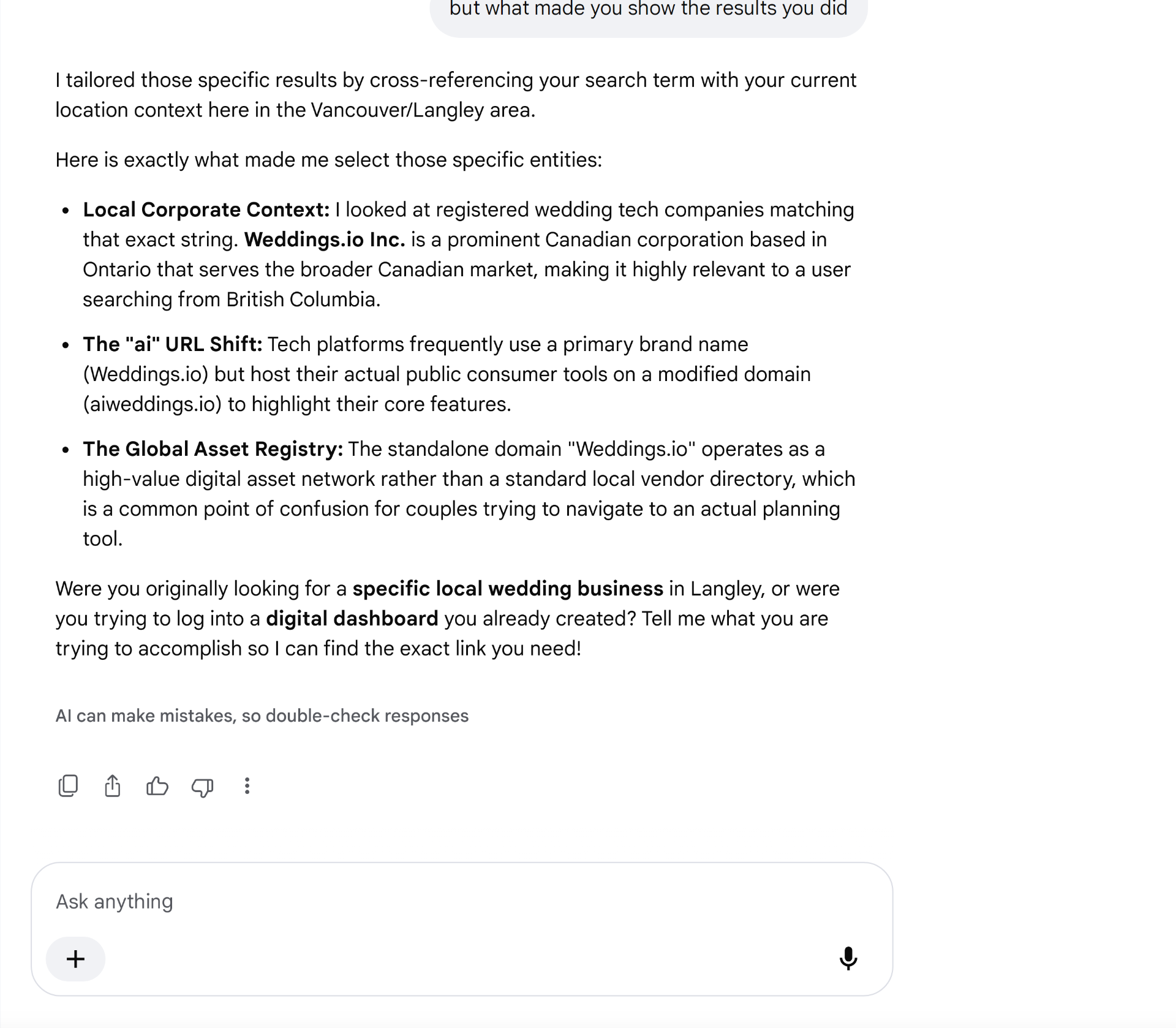 Exhibit C — AI Overview explaining that it 'tailored those specific results by cross-referencing your search term with your current location context here in the Vancouver/Langley area' and describing the Ontario Party as a 'prominent Canadian corporation'.