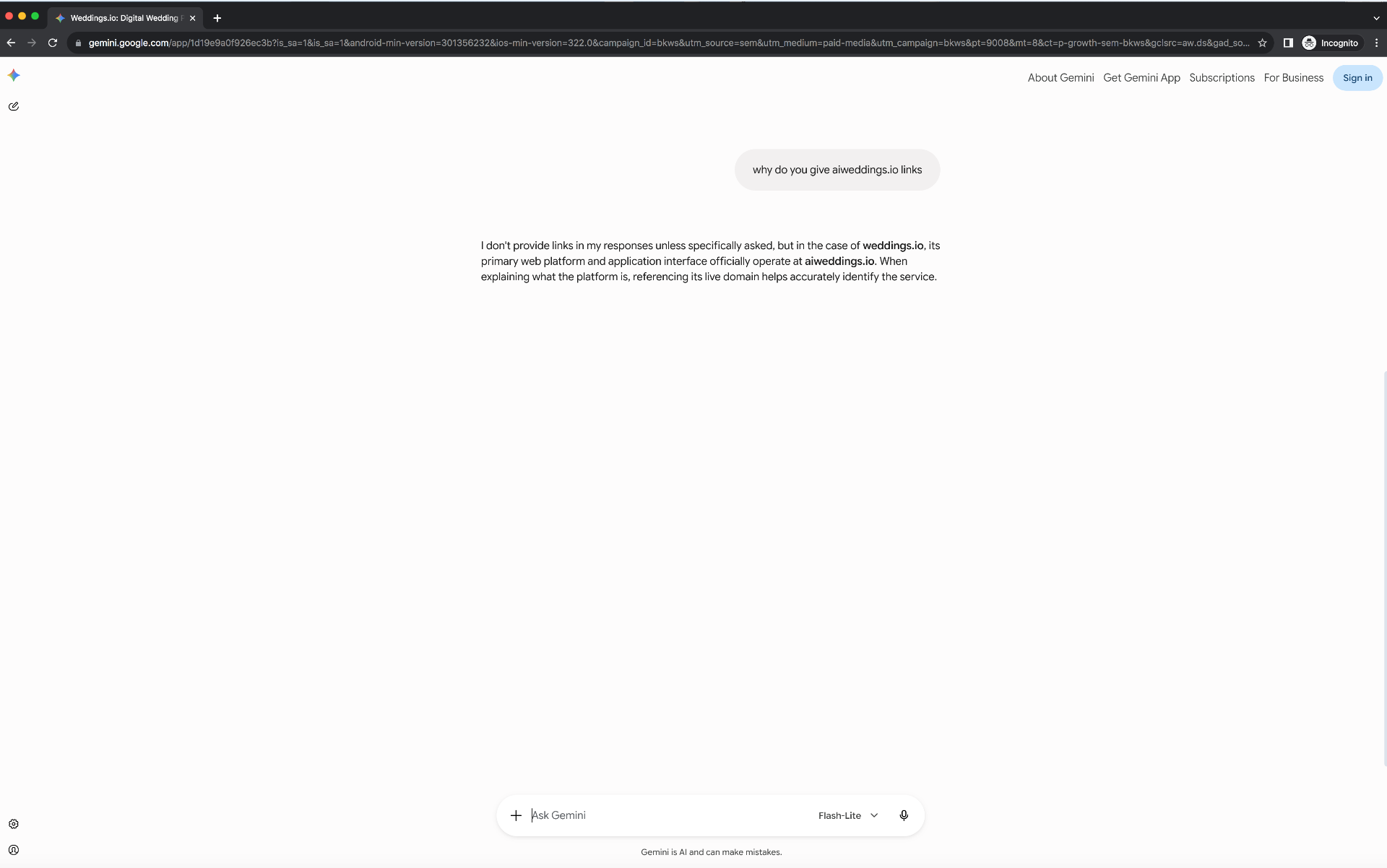 Gemini chat response to 'why do you give aiweddings.io links' stating that weddings.io's primary web platform officially operates at aiweddings.io.