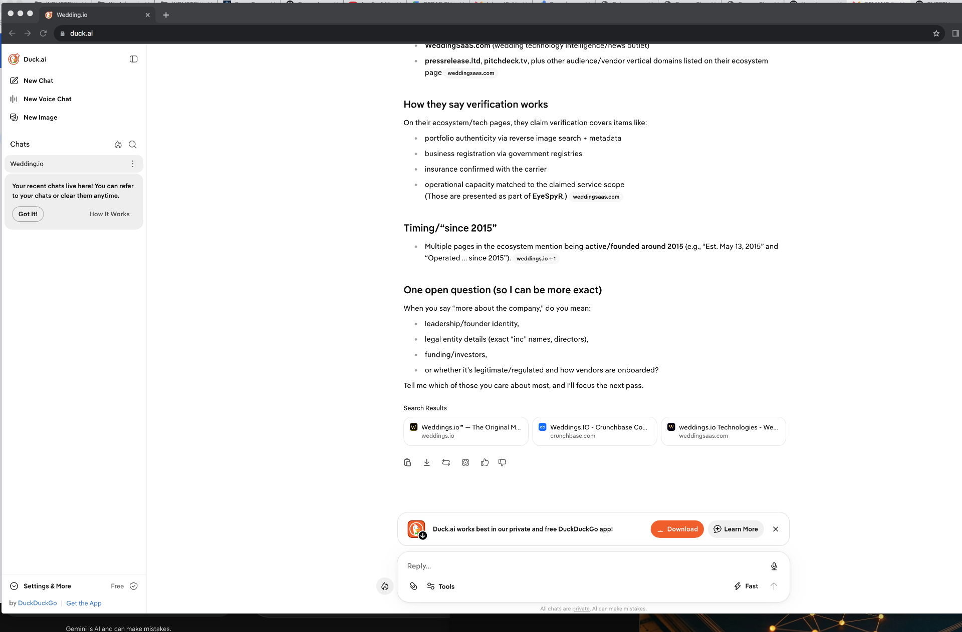 Duck.ai response citing Crunchbase and weddingssaas.com as the sources for its weddings.io information.
