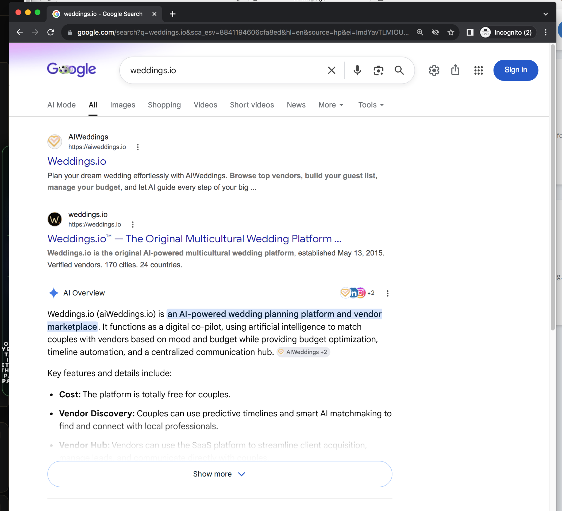 Exhibit F — Google Search results page for the query 'weddings.io' captured July 15, 2026: aiweddings.io ranked #1, weddings.io ranked #2, followed by an AI Overview stating 'Weddings.io (aiWeddings.io) is an AI-powered wedding planning platform and vendor marketplace.'