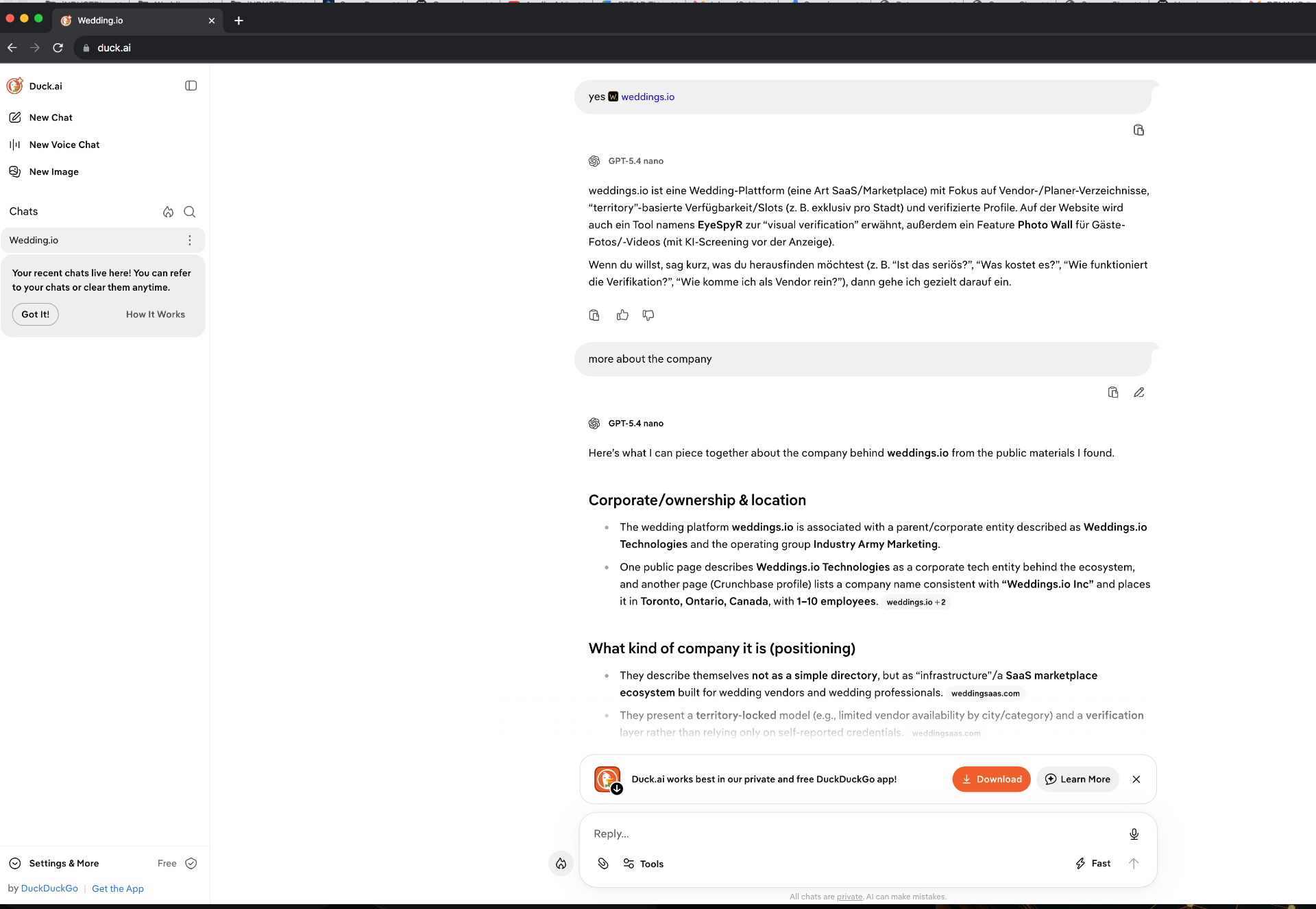 Duck.ai (GPT-5.4 nano) chat describing weddings.io with an invented territory-locked model, EyeSpyR references, and a follow-up conflating Weddings.io Technologies with a Toronto Ontario Crunchbase profile.