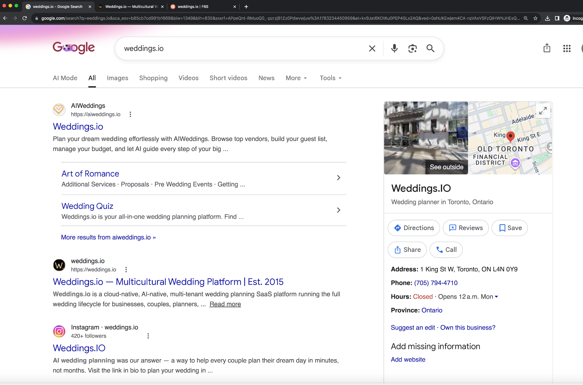 Exhibit B — Google Search results page for 'weddings.io', showing an AIWeddings organic result stacked directly above a Google Maps knowledge panel labelled 'Weddings.IO — Wedding planner in Toronto, Ontario' with a Toronto storefront address.