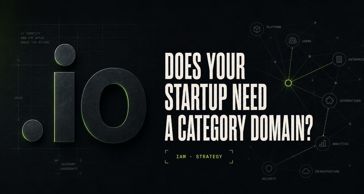 Does Your Startup Need a Category Domain? — IAM editorial cover in dark tactical style with a stylized .io glyph and an industry ecosystem network.