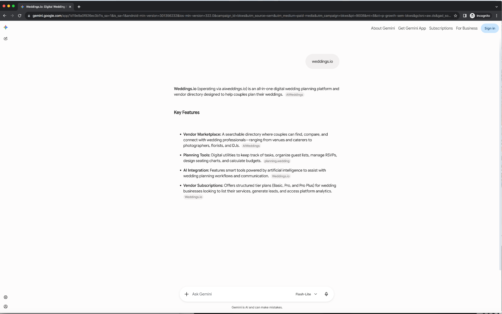 Gemini answer for the query 'weddings.io' beginning 'Weddings.io (operating via aiweddings.io)' and listing invented Key Features attributed to AIWeddings and planning.wedding.