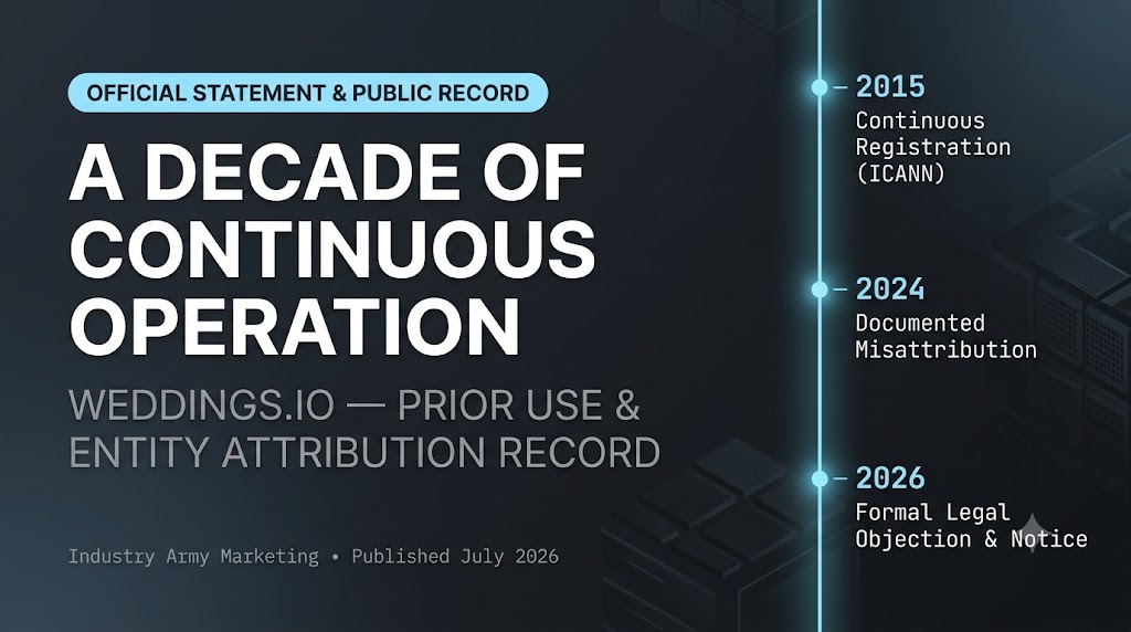 A dark-themed graphic titled 'A Decade of Continuous Operation' for Weddings.io, showing a timeline with markers for 2015 registration, 2024 misattribution, and 2026 legal objection.