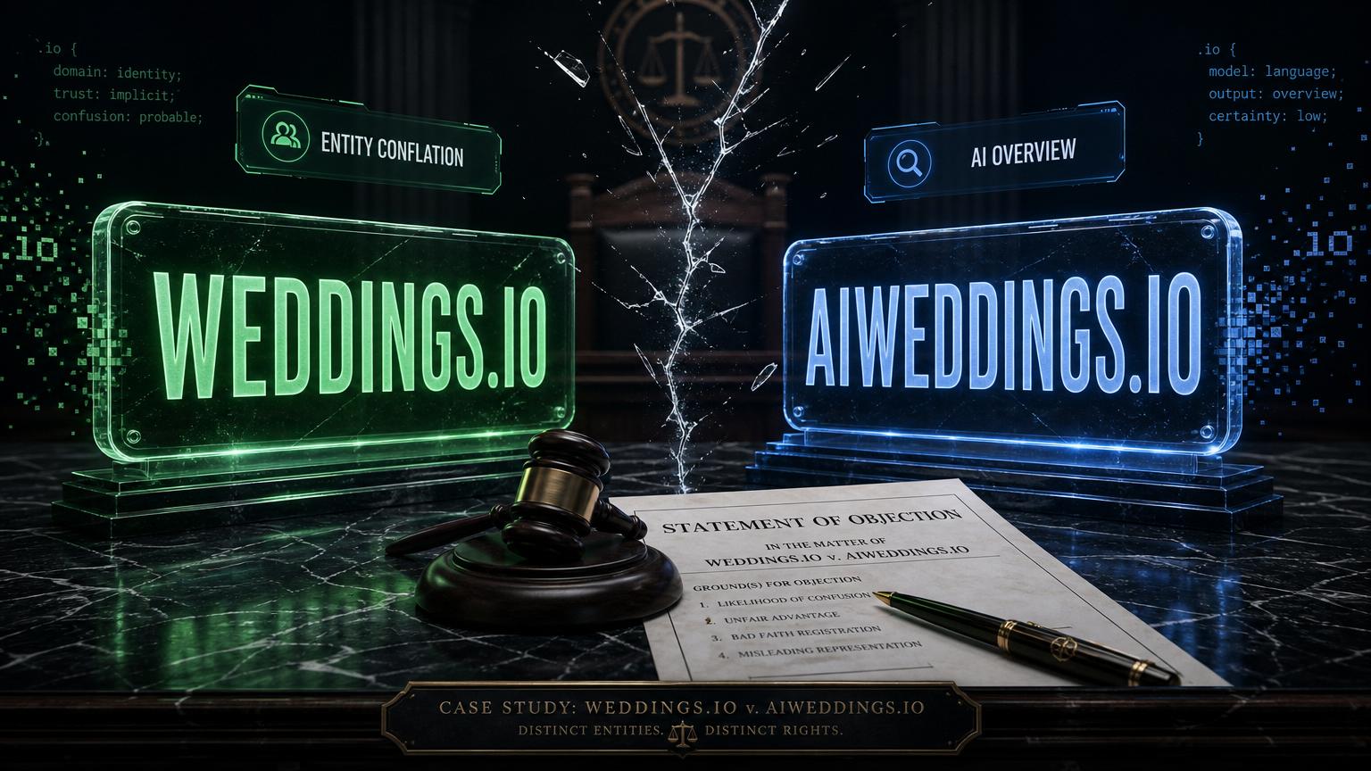 Weddings.io v. aiweddings.io — entity conflation case study. Two distinct legal entities, one contested category-defining .io domain, Statement of Objection filed under the Ontario Business Names Act.