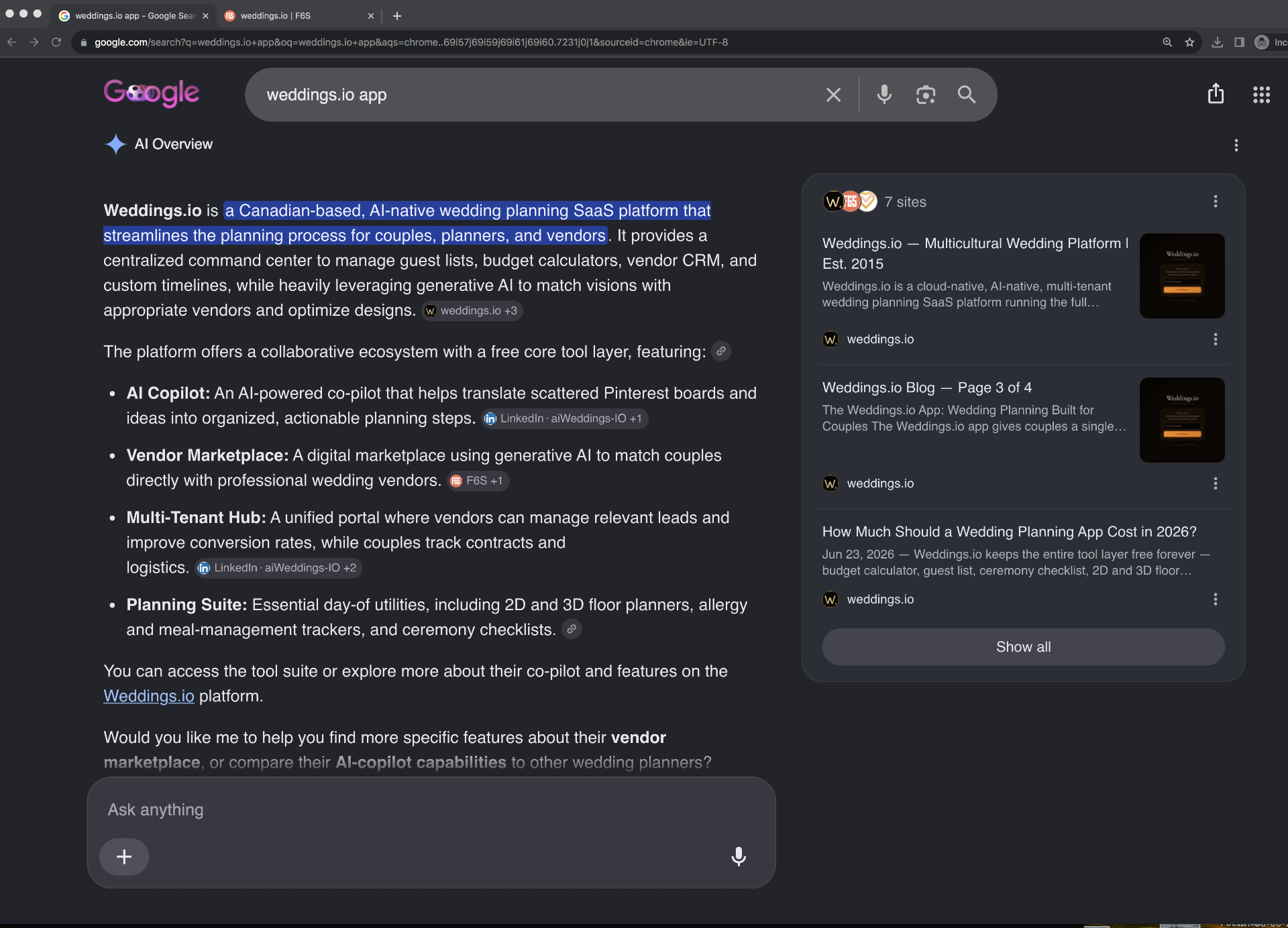 Exhibit A — Google AI Overview describing 'Weddings.io' as an AI-native wedding planning SaaS platform, with source chips citing weddings.io, F6S, LinkedIn, and Kitsap Sun.