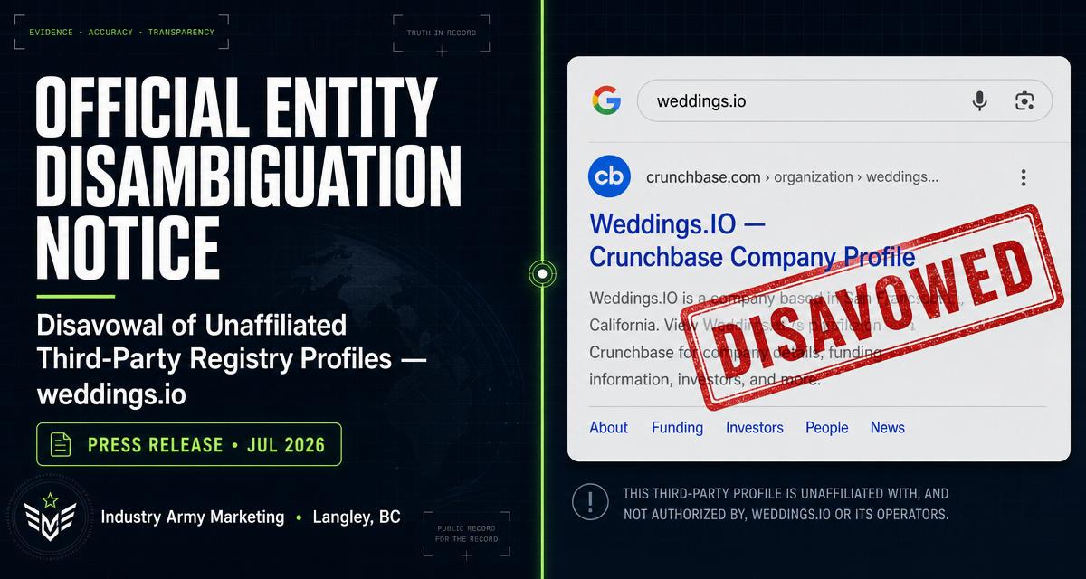Official Entity Disambiguation Notice — Industry Army Marketing disavows an unaffiliated Crunchbase profile using the weddings.io domain (marked DISAVOWED).