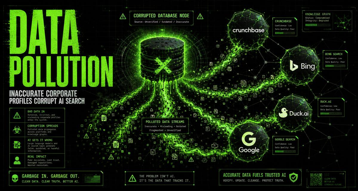 Data pollution across AI answer engines — corrupted corporate profile data flowing from a high-authority directory into Google, Bing, and Duck.ai knowledge graphs.