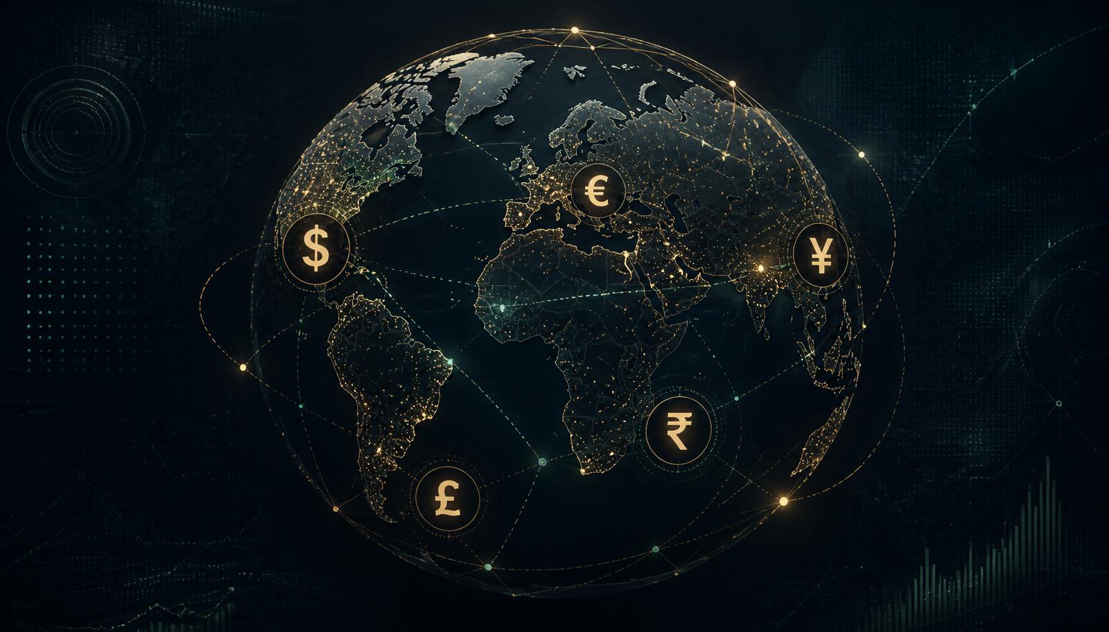 Editorial illustration of a global payment network — a stylized dark tactical globe with interconnected currency nodes ($, €, ¥, ₹, £) representing cross-border wedding vendor commerce.