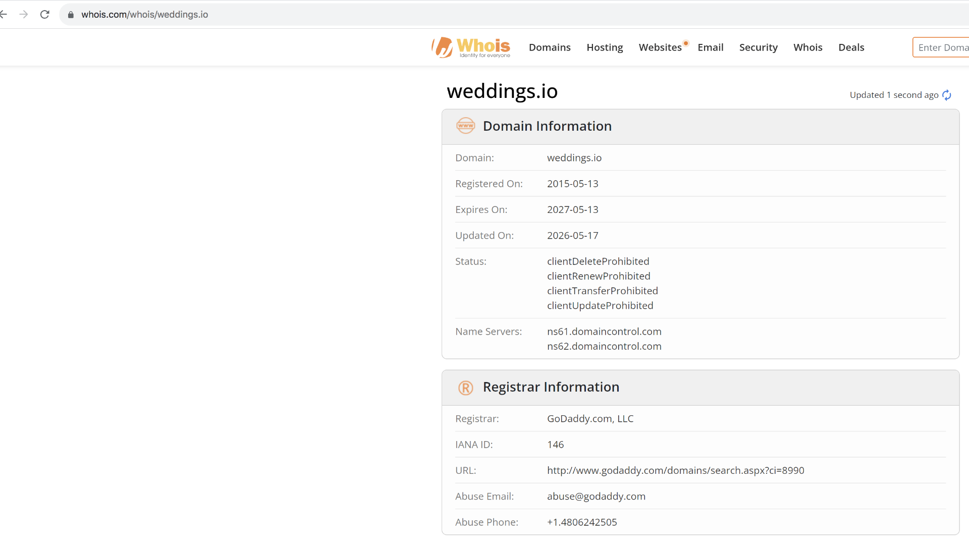 ICANN WHOIS record showing weddings.io registered on May 13, 2015 with continuous ownership through 2027 ICANN WHOIS record showing weddings.io registered on May 13, 2015 with continuous ownership through 2027
