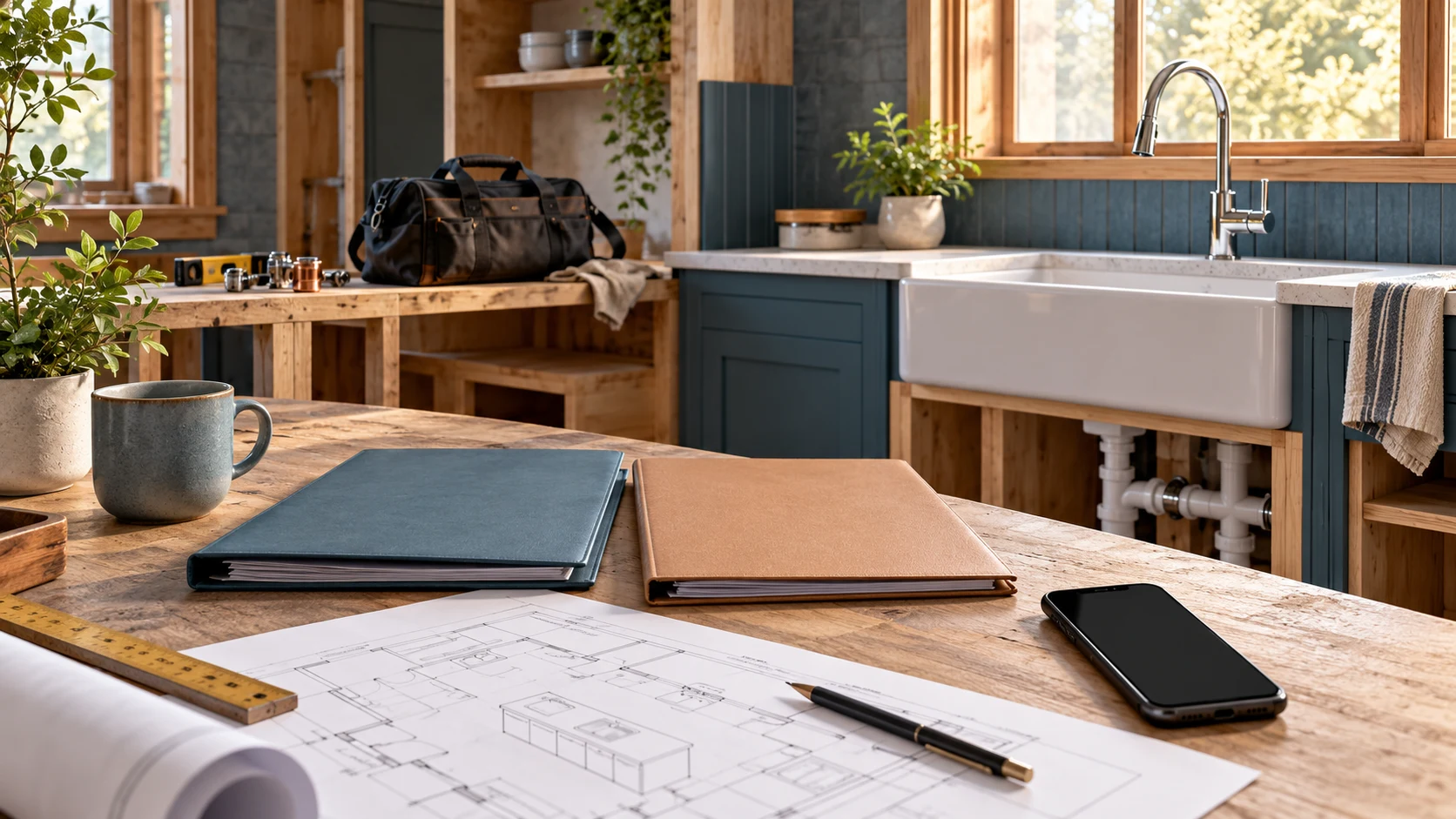 Original IAM AI-generated fictional kitchen and plumbing-planning scene. Not an actual customer project, emergency, repair instruction or evidence that a plumber is available. Original IAM AI-generated fictional kitchen and plumbing-planning scene. Not an actual customer project, emergency, repair instruction or evidence that a plumber is available.